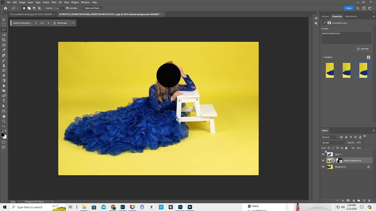 Extending the backdrop with Generative Fill in Photoshop, add shadows, select subject