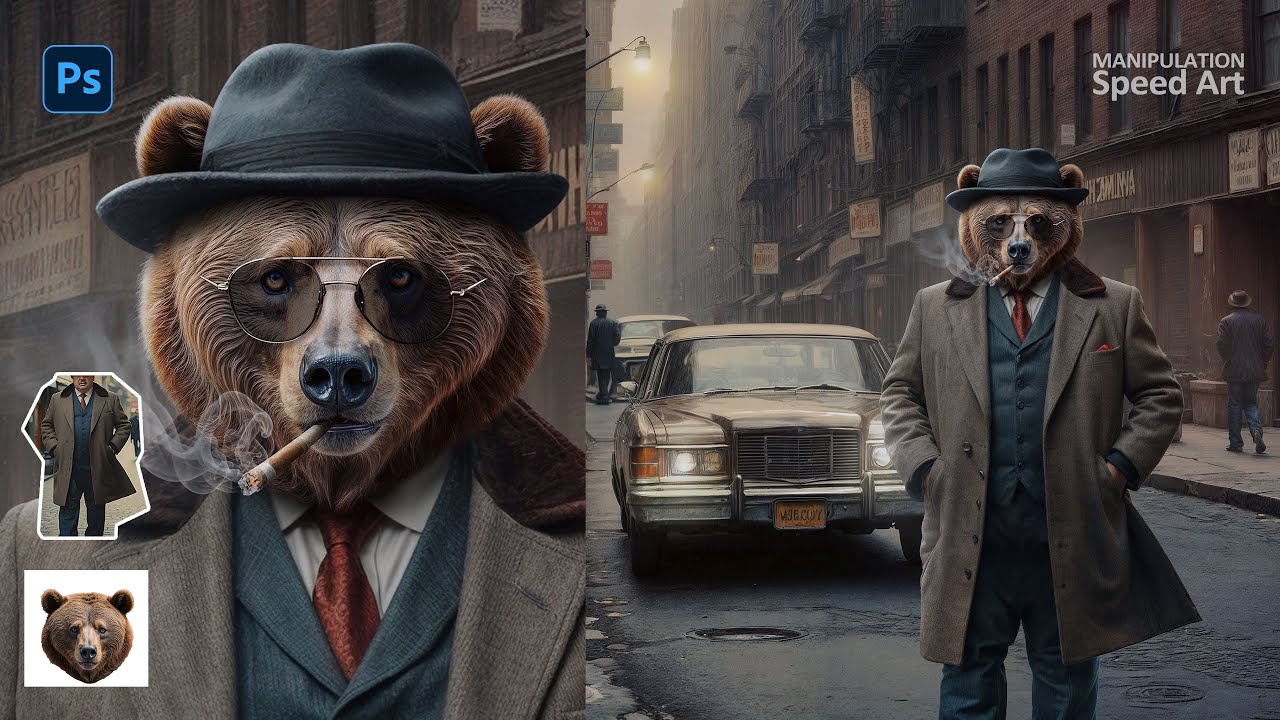 Mafia Bear - cinematic Photoshop Fantasy Manipulation Tutorial / free psd and used image / speed art