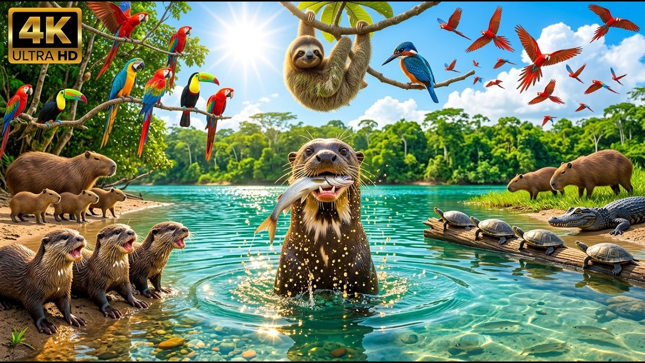 Relaxing Walk In The Amazon: Emerald Waters  (4K) | Giant Otters & Macaws | Nature Sounds For Sleep