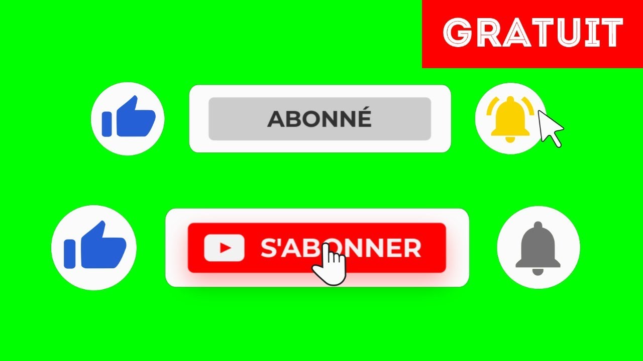 Fond vert bouton s'abonner + like, notifications animation | Cha&icirc;ne Alpha (transparent) Gratuit