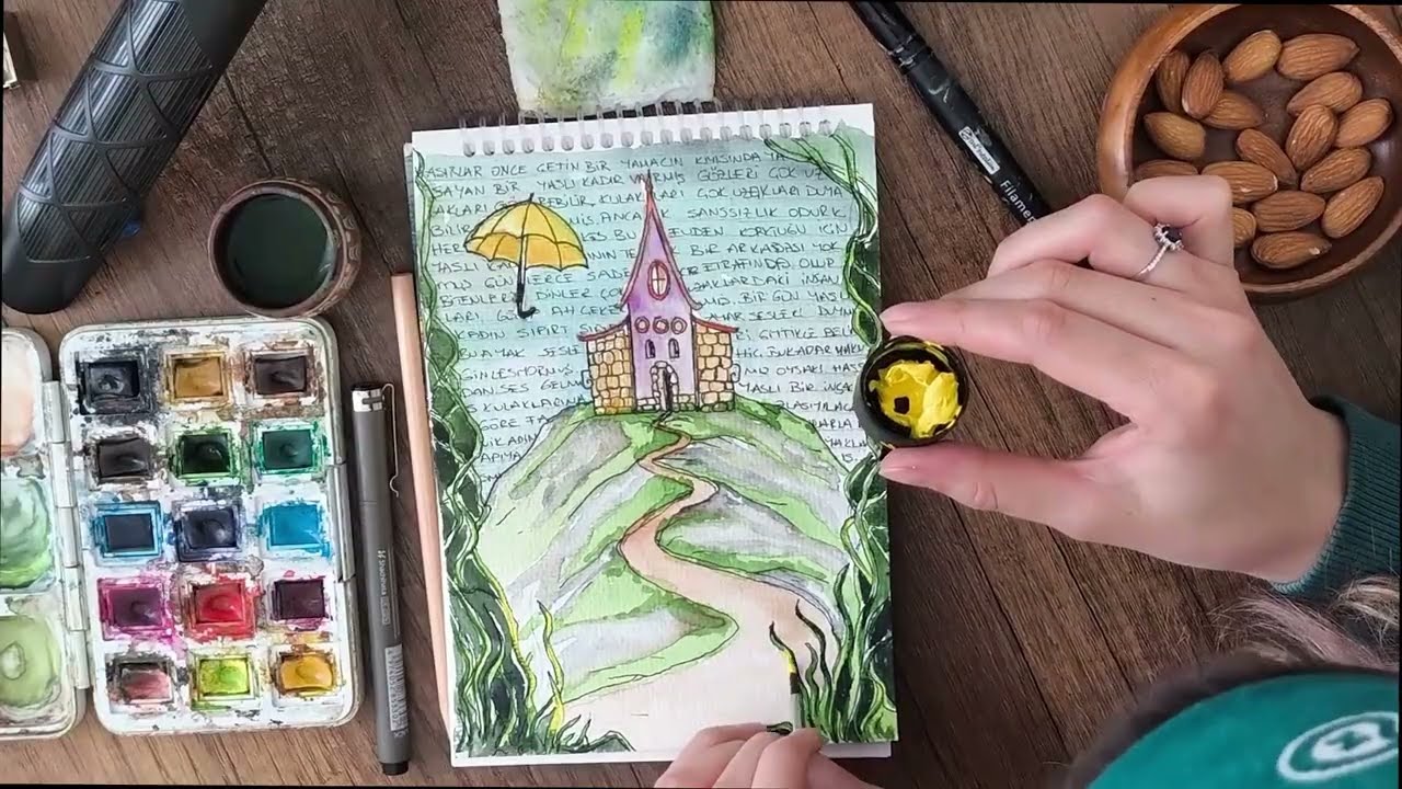 Sulu Boya Manzara | Yamaçtaki Ev Çizimi (watercolor)