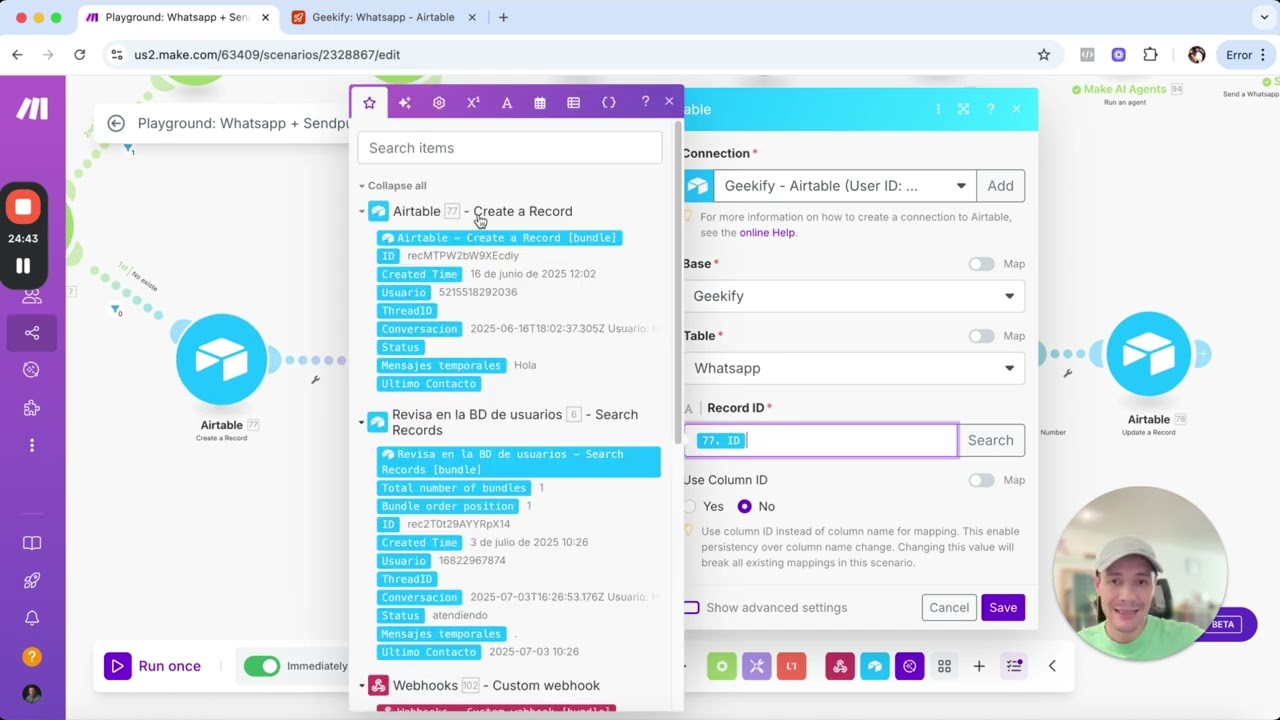 Agrupa respuestas + Captura datos del usuario en Airtable: Automatiza Whatsapp con Make y Sendpulse