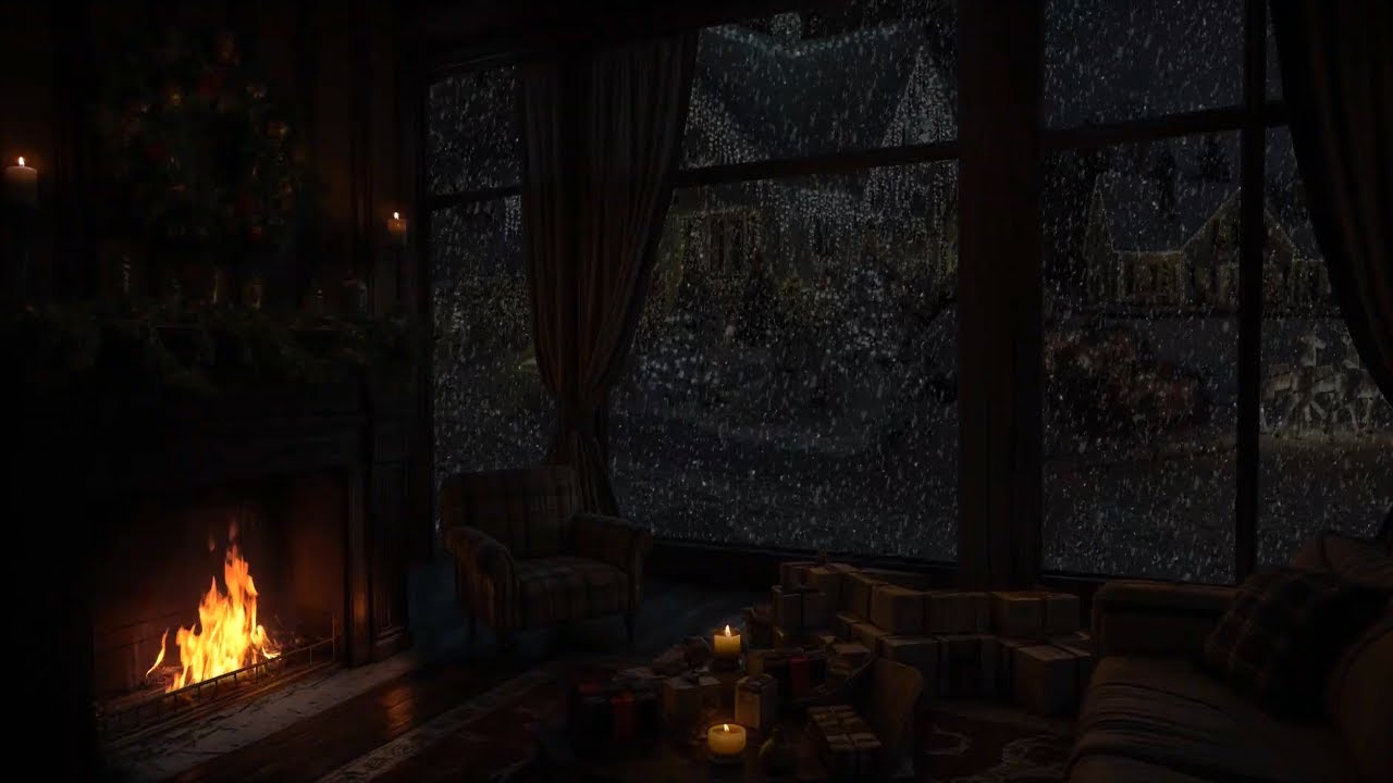 NO ADS –Winter Cabin at Night🔥Peaceful Fireplace Sound & Falling Snow for Stress Relief & Calm Sleep
