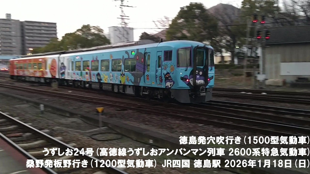 徳島発穴吹行き(1500型気動車) うずしお24号(高徳線うずしおアンパンマン列車 2600系特急気動車) 桑野発板野行き(1200型気動車) JR四国 徳島駅 2026年1月18日(日)
