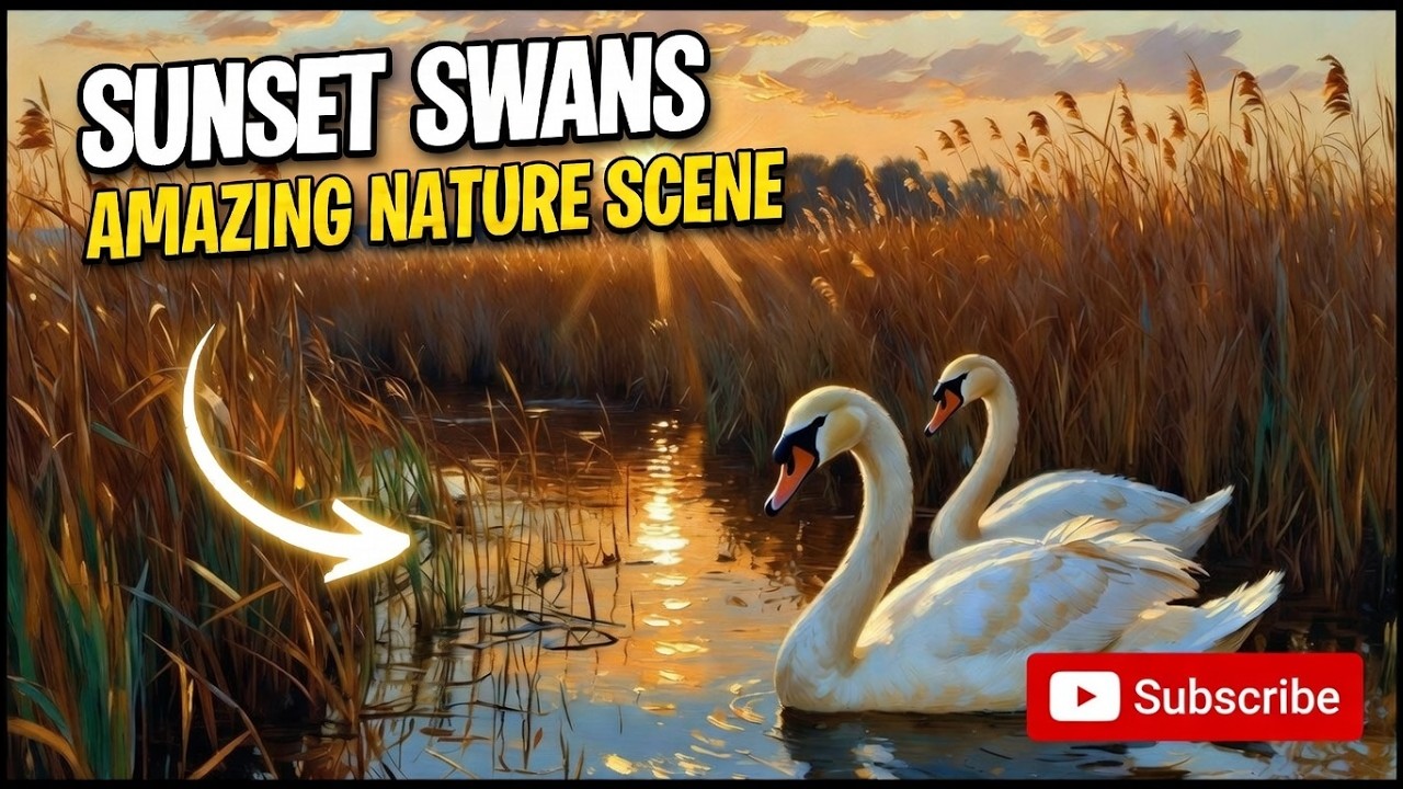🍂 Golden Hour Swan Lake Vintage Oil Painting– 4K Autumn Winter Screensaver Art for Frame TV