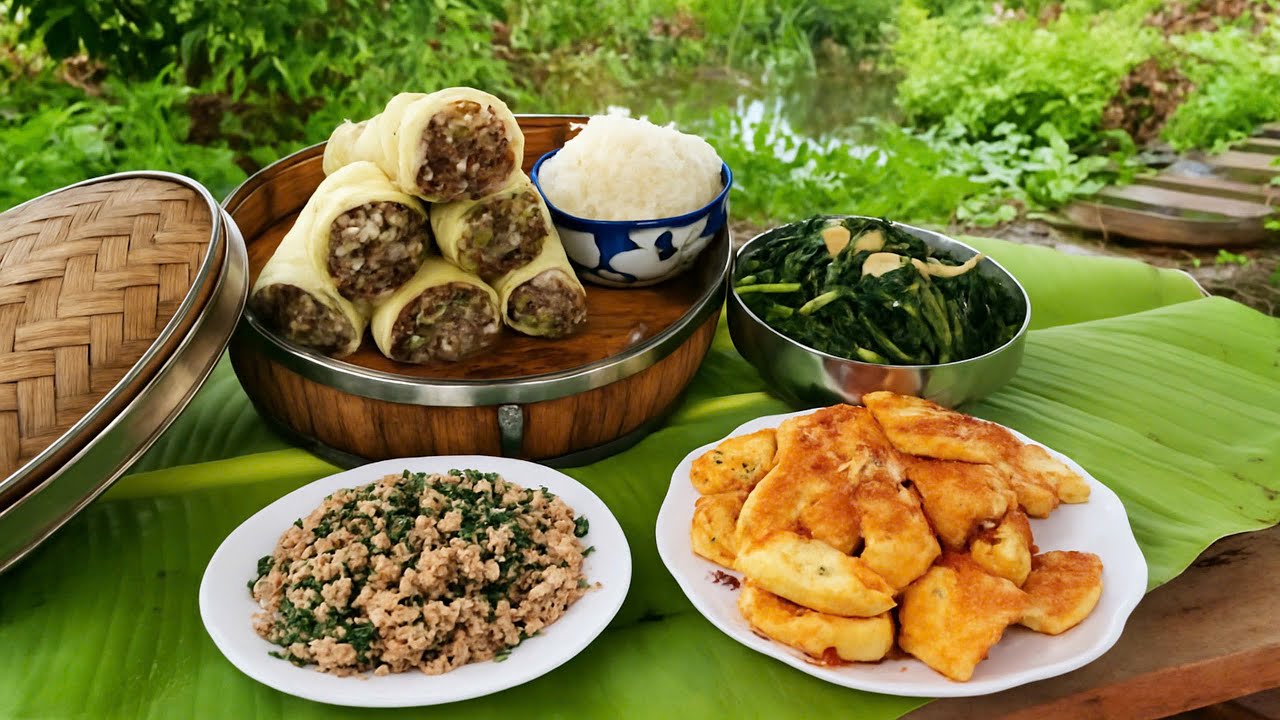 ASMR Cooking in Nature . Bamboo Rolls Stuffed with Pork & Peaceful Sounds