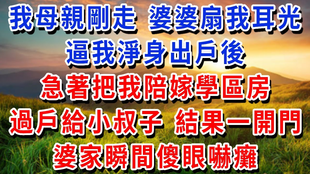 我母親剛走，婆婆就扇我耳光逼我淨身出戶，急著把我陪嫁的學區房過戶給小叔子，結果一開門，婆家瞬間傻眼嚇癱！