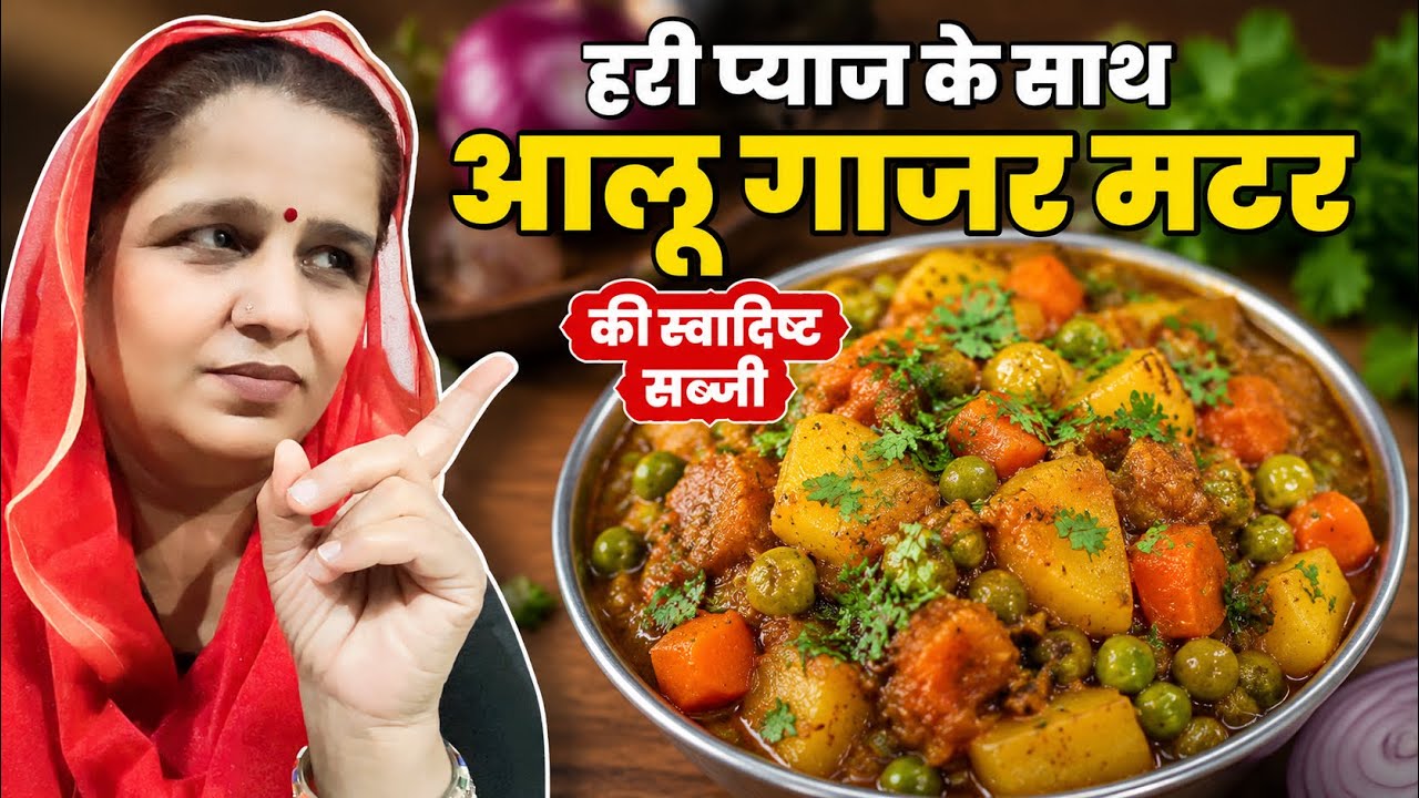 हरी प्याज के साथ गाजर आलू मटर की स्वादिष्ट सब्जी/अंगुली चाट चाट के खाएगे घरवाले..