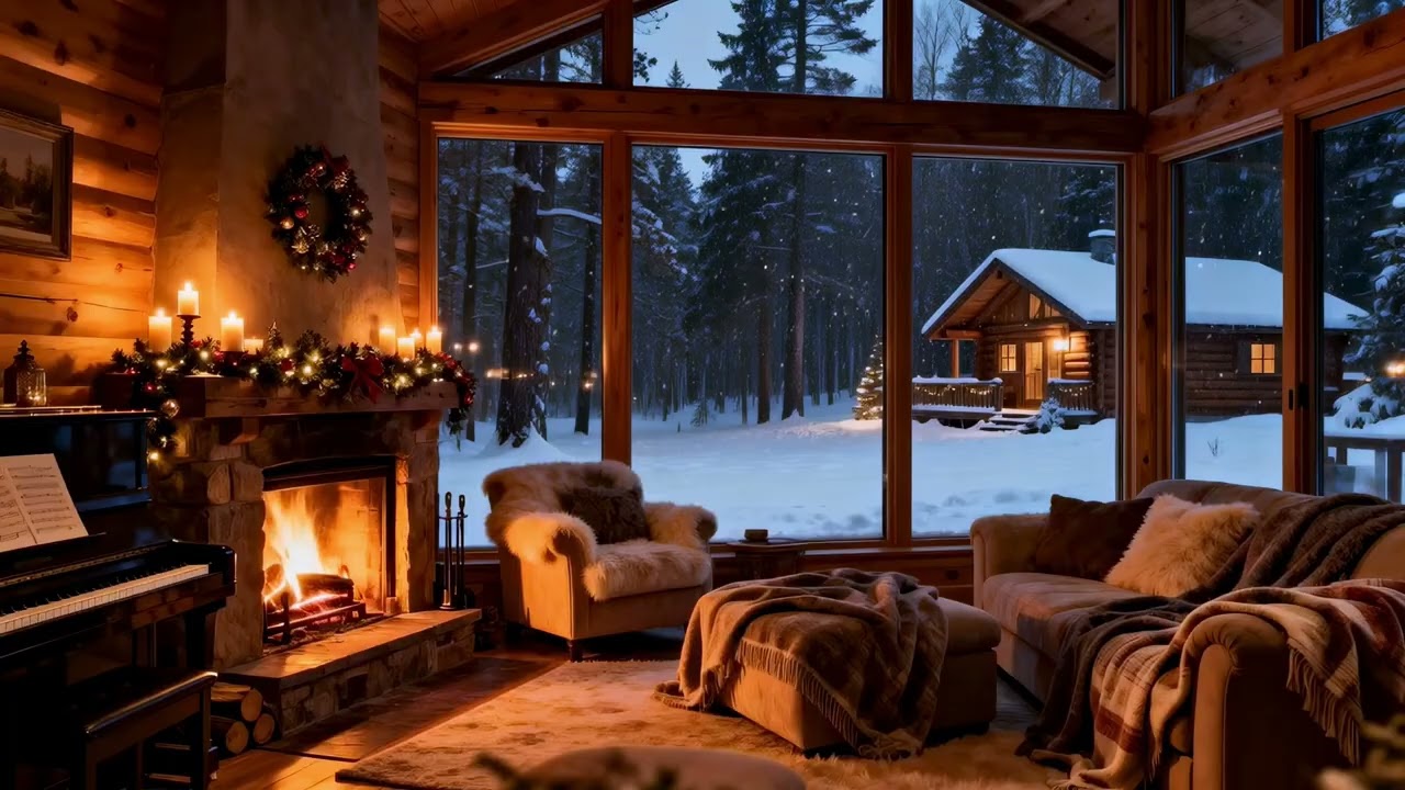 Cozy Fireplace Piano Jazz ❄️ Snowy Cabin Evening Ambience for Sleep & Relax