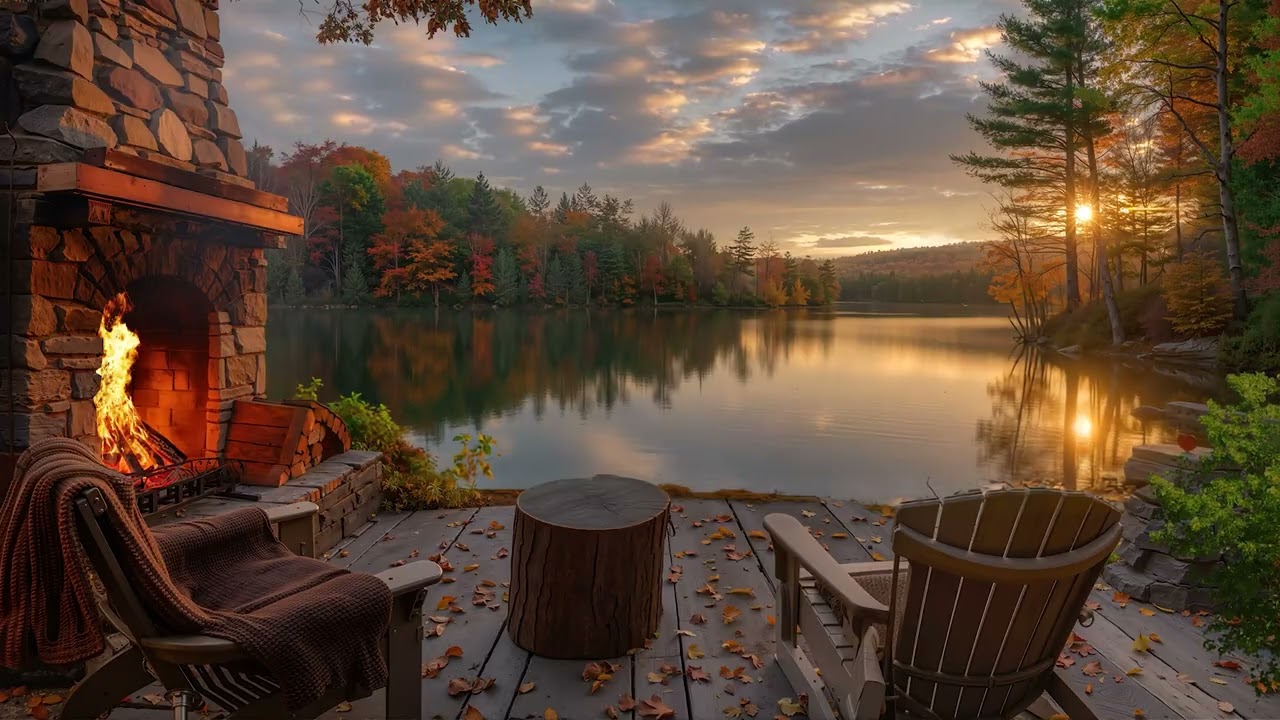 Cozy Autumn Fireplace by the Lake | Peaceful Nature Ambience with Relaxing Lake Sounds