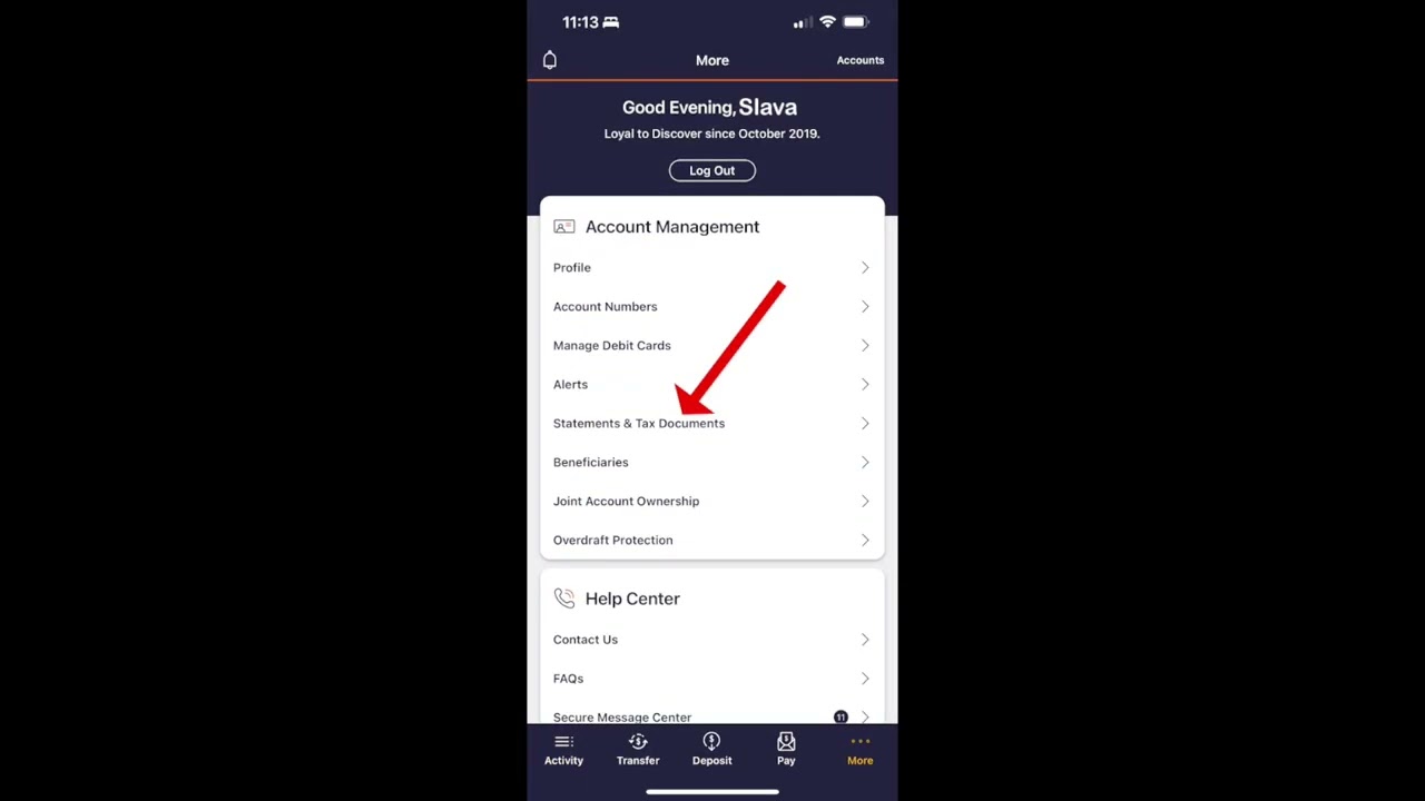 How to find Discover Statement on App