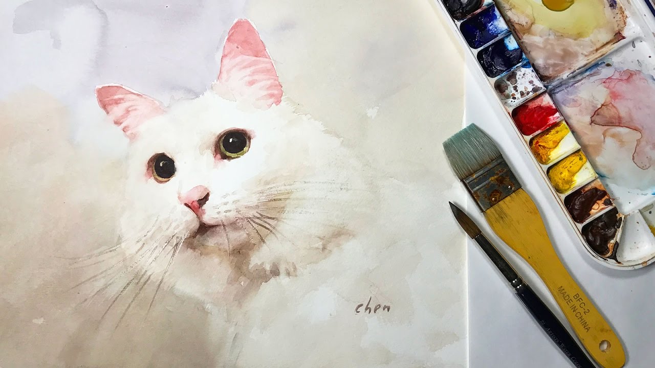 Животные №13 — Акварельный рисунок белого кота