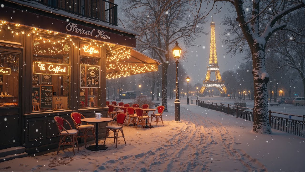 Romantic Winter in Paris ☕ Smooth Jazz Music at Outside Coffee Shop Ambience by the Eiffel Tower