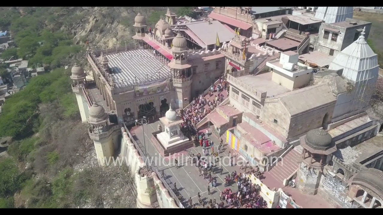 Aerial view of Holi Festival being celebrated in Indian heartland Uttar Pradesh: Vrindavan, Mathura