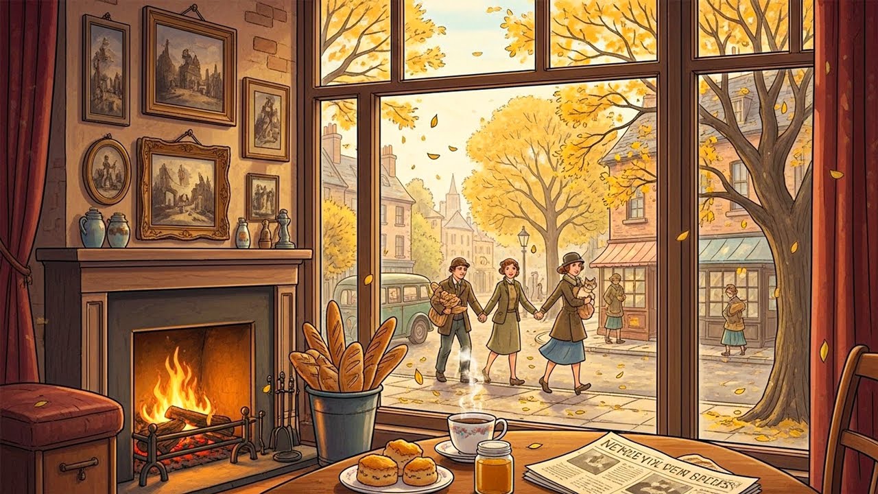 A cozy autumn afternoon in a quiet English cottage with oldies playing in another room