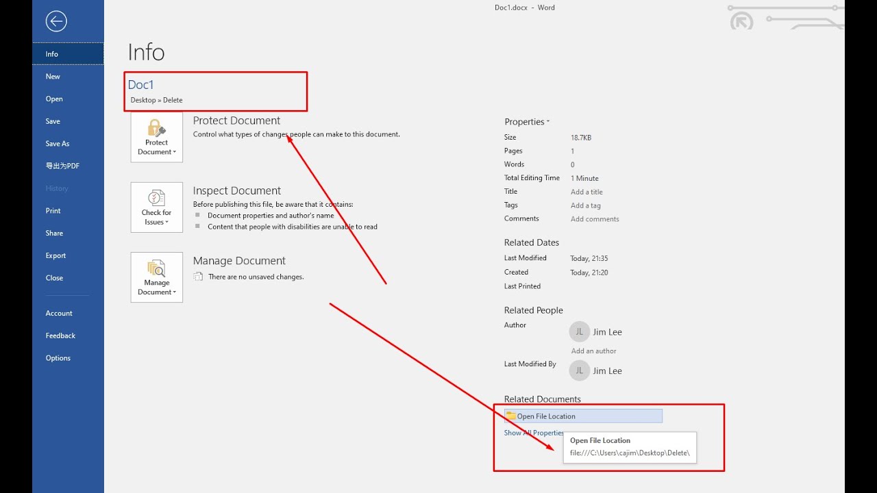 How to find opened word or excel file location