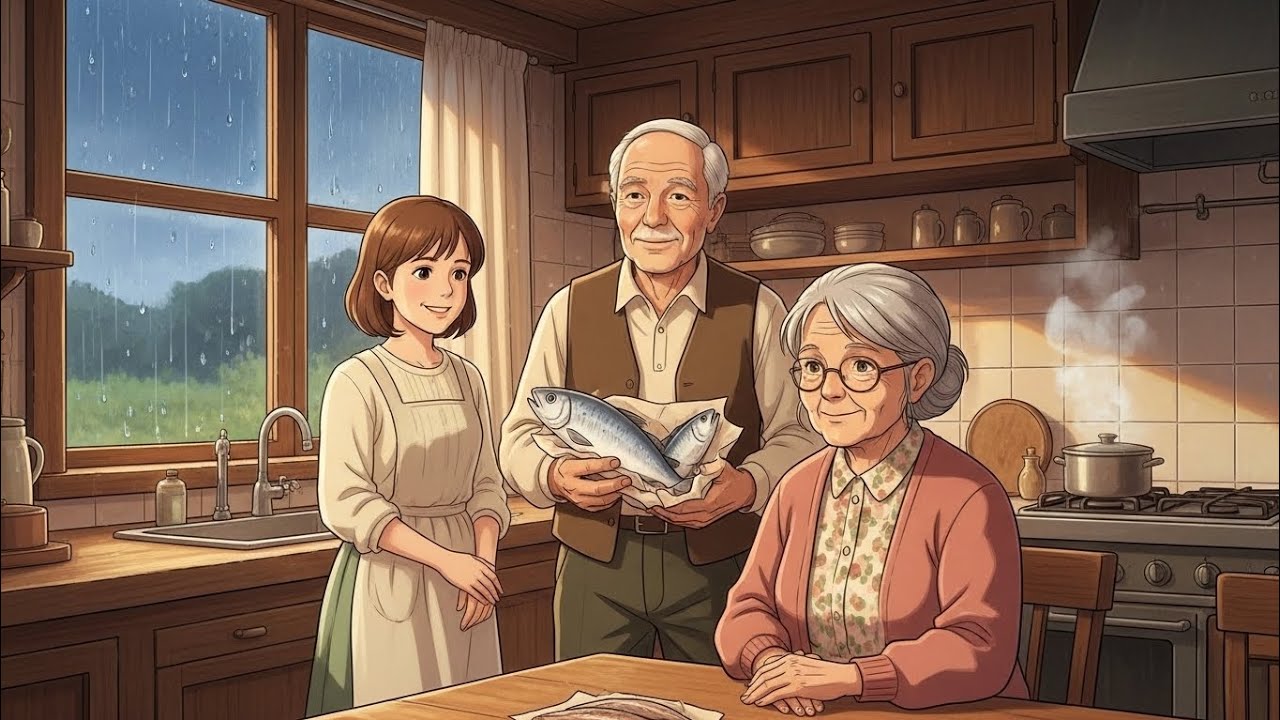 Rainy Afternoon in the Countryside Kitchen | Grandpa Returns with Fresh Fish — Ghibli-Inspired.