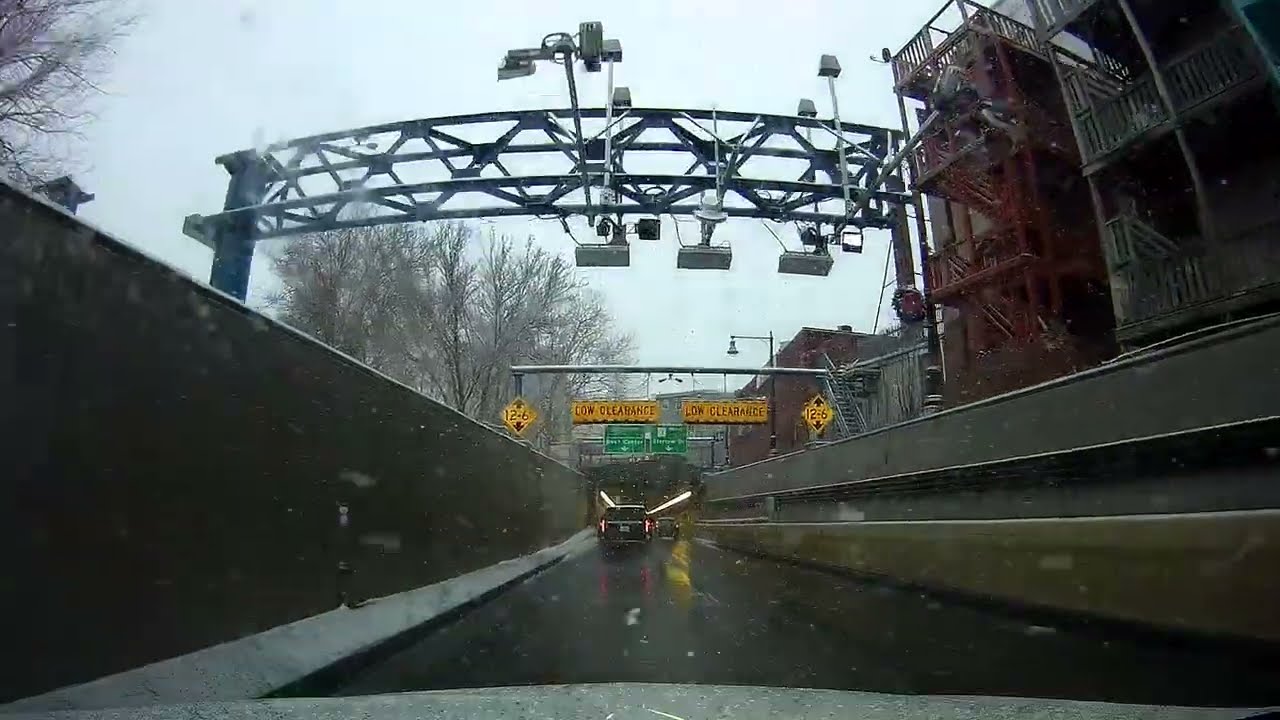 Snowy drive in Boston, Massachusetts