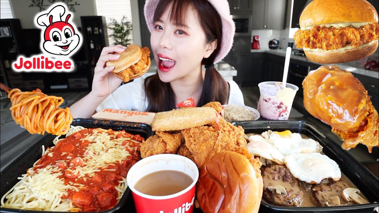 JOLLIBEE FILIPINO FAST FOOD MUKBANG 먹방 (острый жареный куриный сэндвич, бургер-стейк, спагетти, п...