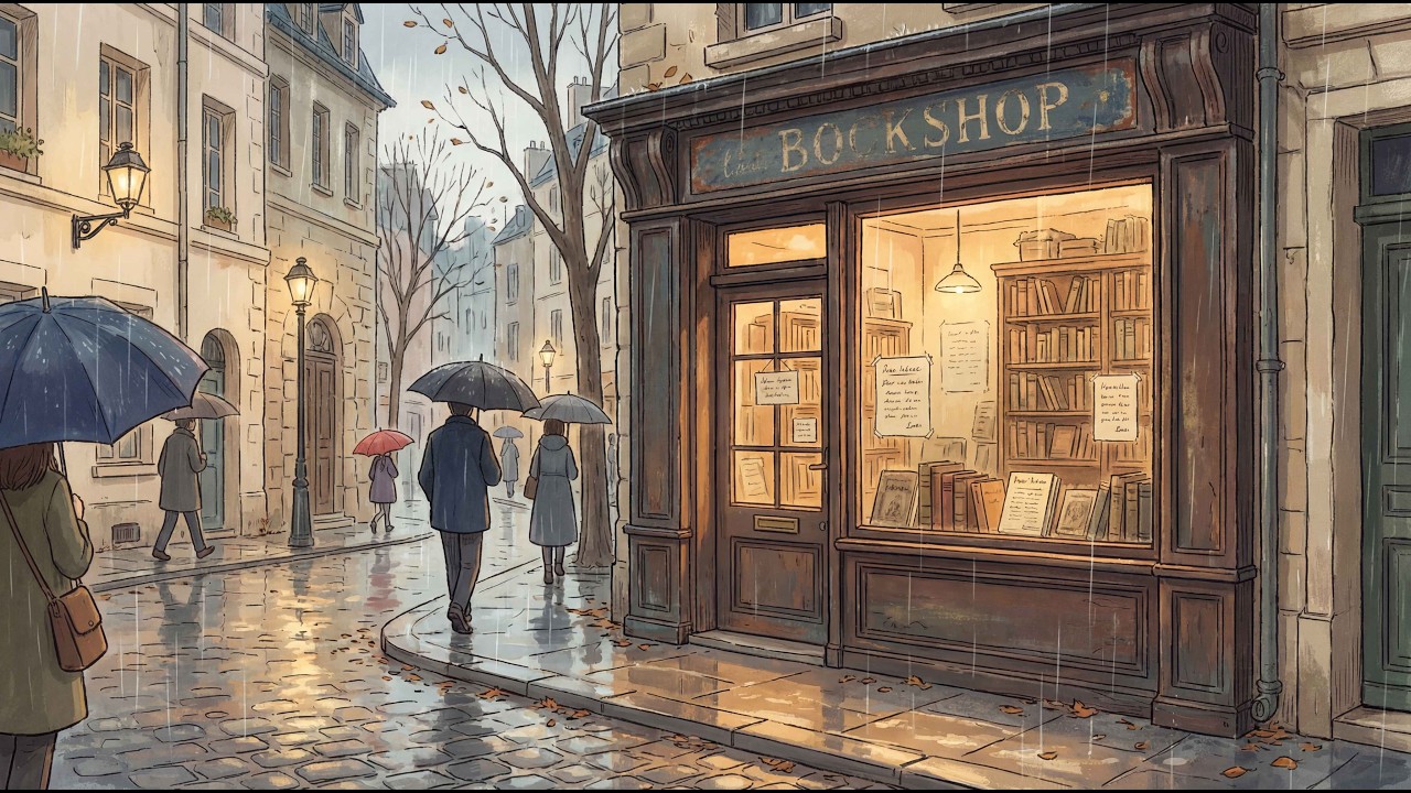 Afternoon tea and honey toast in an old bookshop café – Gentle rain outside, warm light within 🍯📚