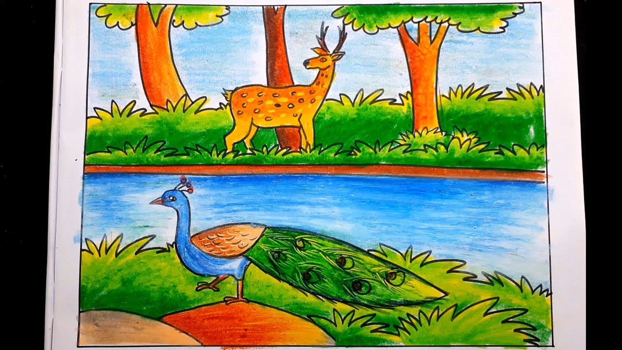 How to draw forest scenery step by step | forest scenery with animals | peacock drawing
