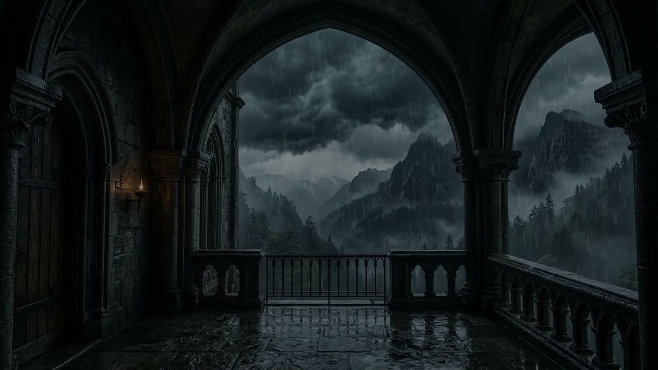 Dark Rain 🌧️ Falling Around A Gothic Castle While Ancient Stone Towers Rise In Mist 🏰