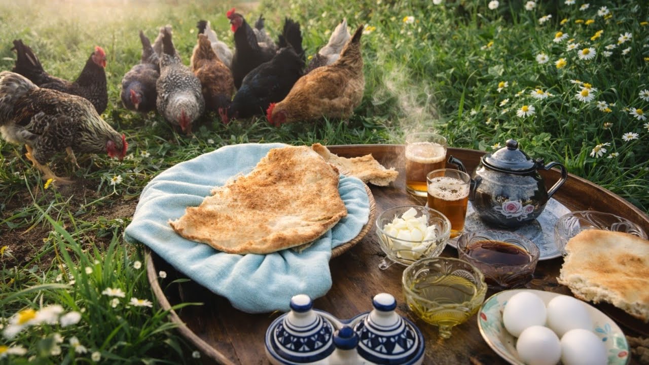 ​رائحة الخبز والربيع🍞🌾 صباحي التقليدي في الطبيعة ☘️🌼علف الدجاج وفطور طبيعي وبسيط🥰