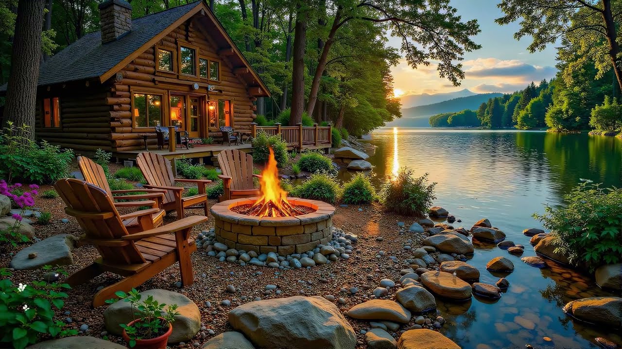 Soothing Spring Piano Music 🌺️🔥 Cozy Riverside, Crackling Fire & Peaceful
