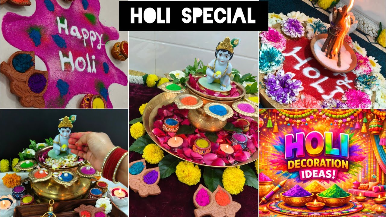 Last Minute Holi 😍🫟 Dhulivandan Decoration 7 Ideas /DIY For Holika Dahan/Urli Decor/Holi with Kanha💜