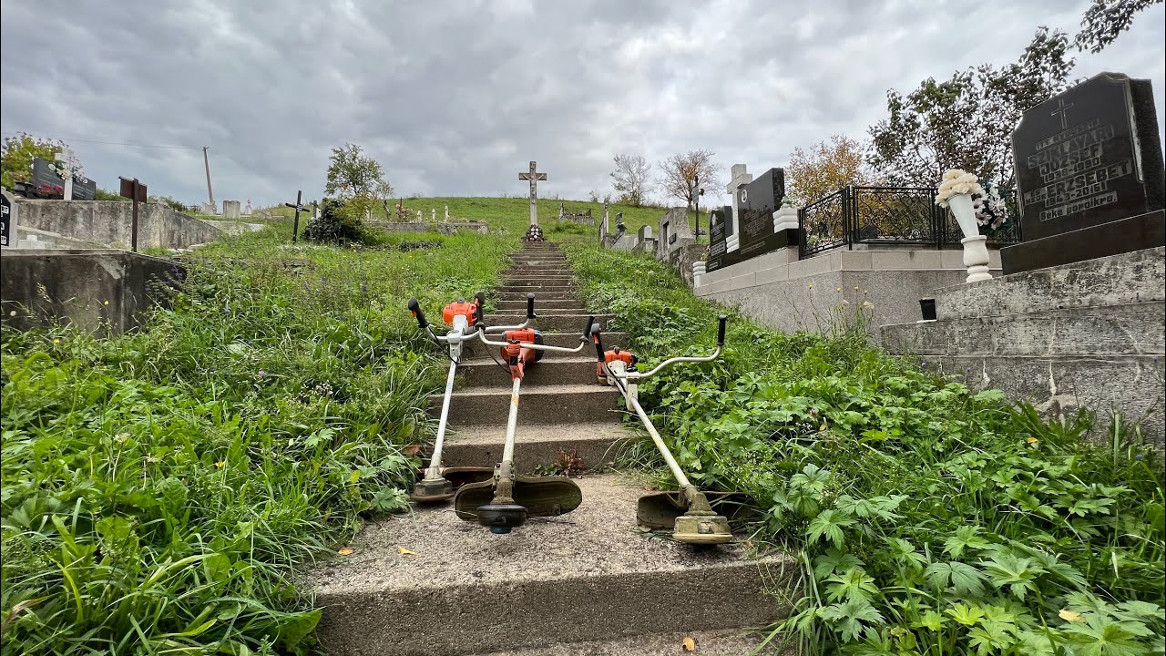 Cutting grass in the cemetery with Stihl Fs 460-C and Stihl Fs 300, and Husqvarna 545-RX.