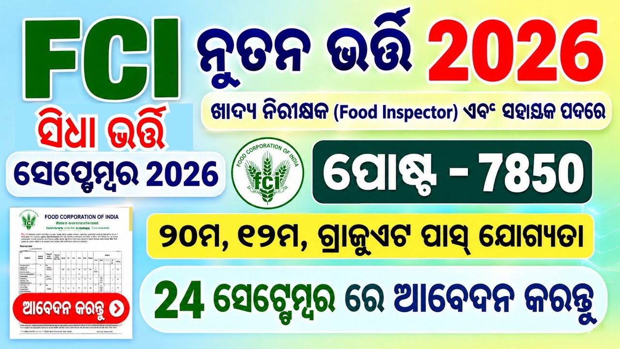 FCI Recruitment Food inspector,Sahayak,Supervisor,Helper Job 2026/Odisha Govt 10th Peon Clerk Job