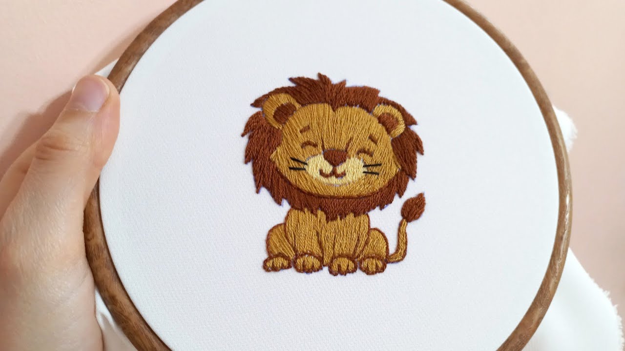 تعليم تطريز أسد بغرزه الحشو المتداخل Lion embroidery 