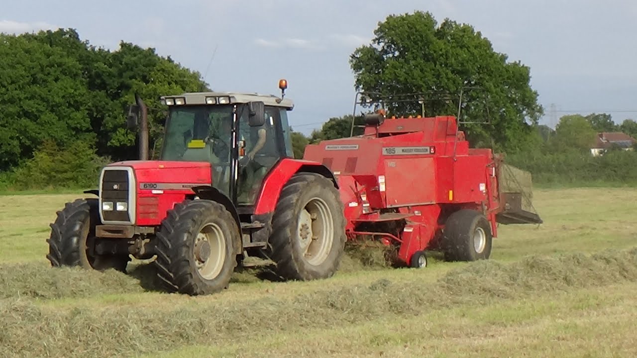 Square Baling Hay with Massey Ferguson 6190 & MF 185MB