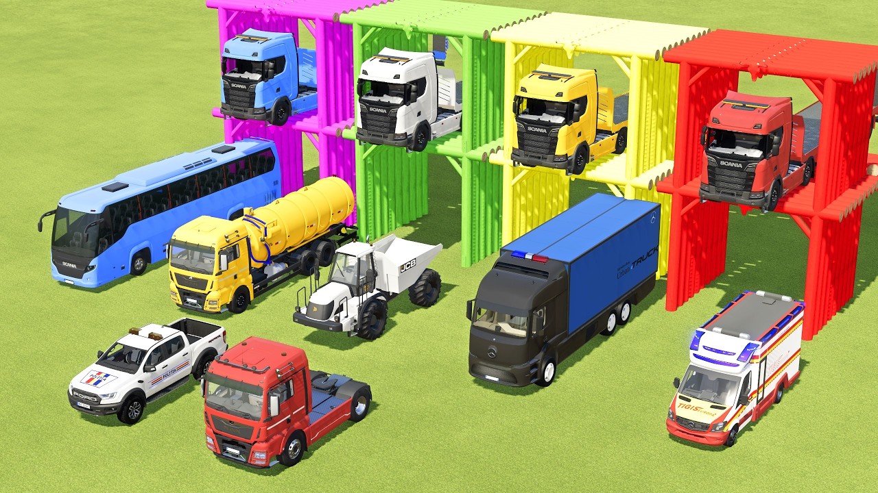 TRANSPORTING BUS, DUMP TRUCK, MIXER CEMENT TRUCK, BOX TRUCK, SCANIA BUS , FIRE TRUCK -  FS22