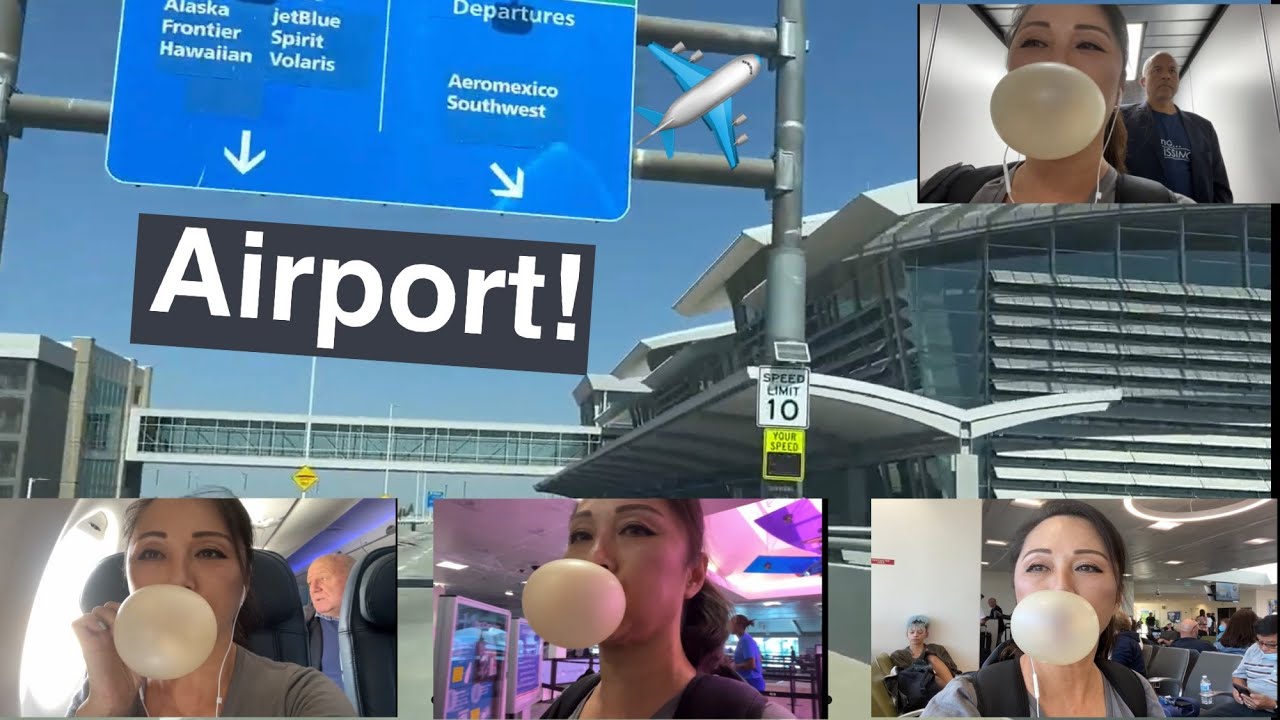 ASMR HUBBA BUBBA TROPICAL FRUIT TAPE BUBBLE GUM BUBBLES AT AIRPORT & IN PLANE PUBLIC REACTION #풍선껌