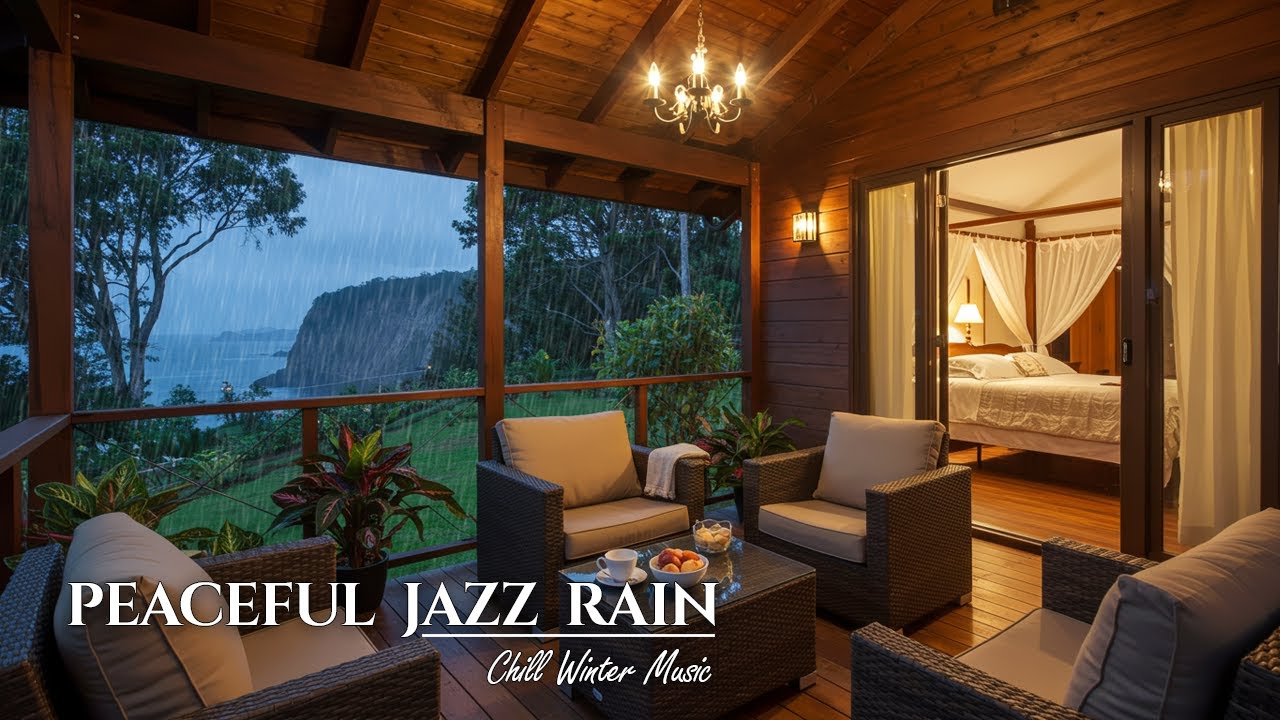 Chill Rainy Jazz at Night in a Peaceful Cliffside Cabin – Relaxing Sounds for Work, Study & Calm