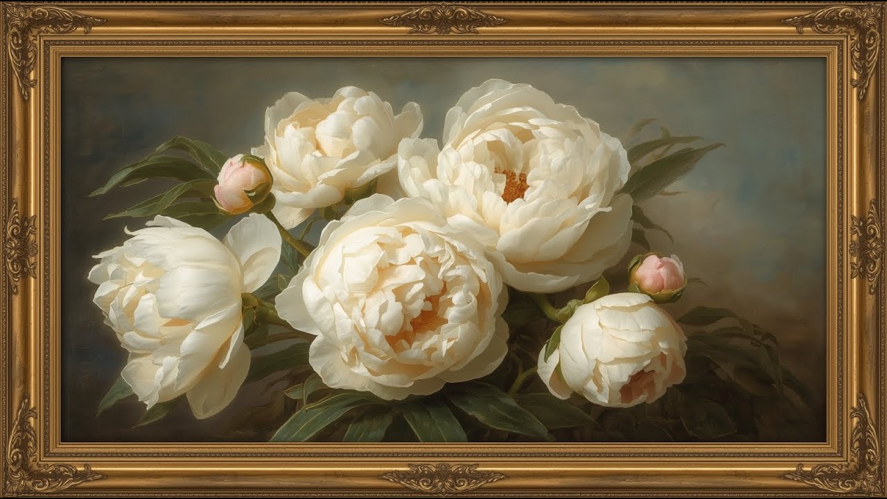Vintage White Peonies Oil Painting | Elegant Gold Frame | Timeless Floral Art | TV Screensaver 4K