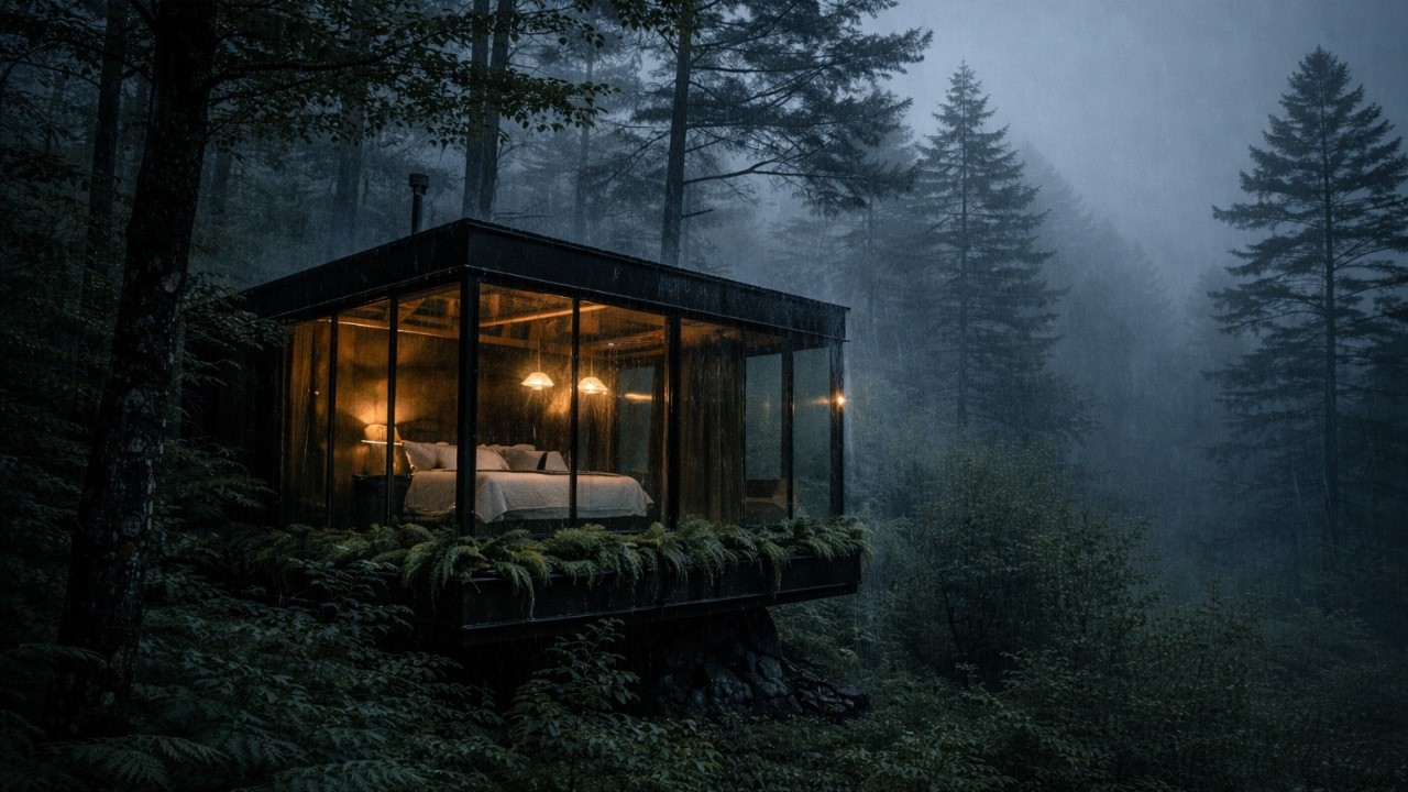 Cozy Glass Cabin in Heavy Rain 🌧️ ASMR Forest Storm for Deep Sleep & Relaxation