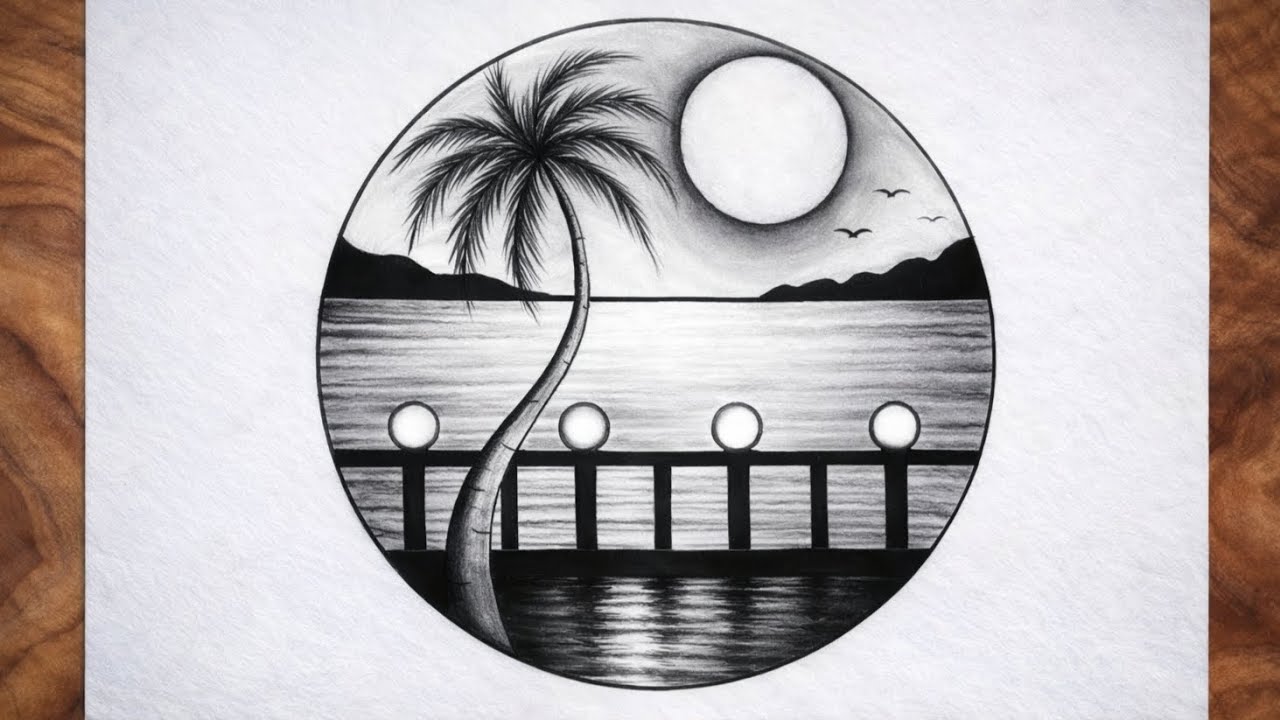 Easy circle scenery drawing || Easy drawing ideas for beginners || How to draw Pencil sketch Art