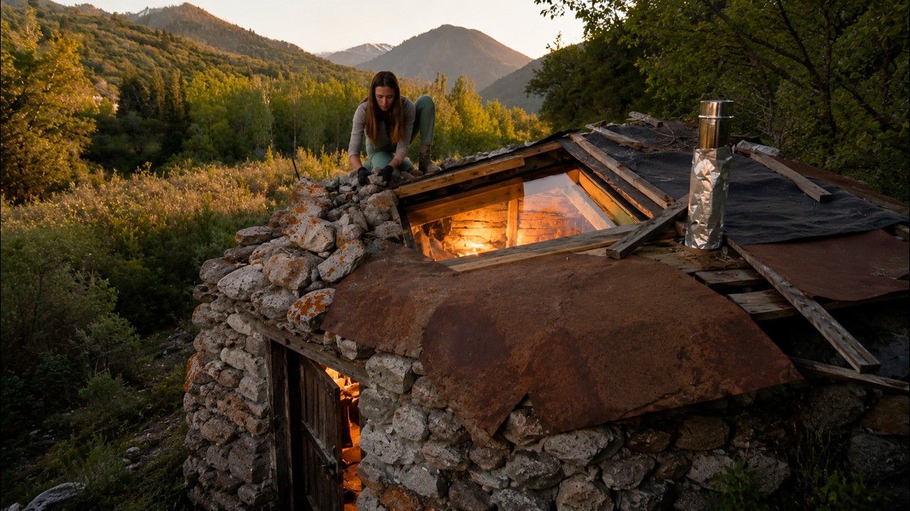 I Added a Roof Window to My Stone Cabin | Wilderness ASMR