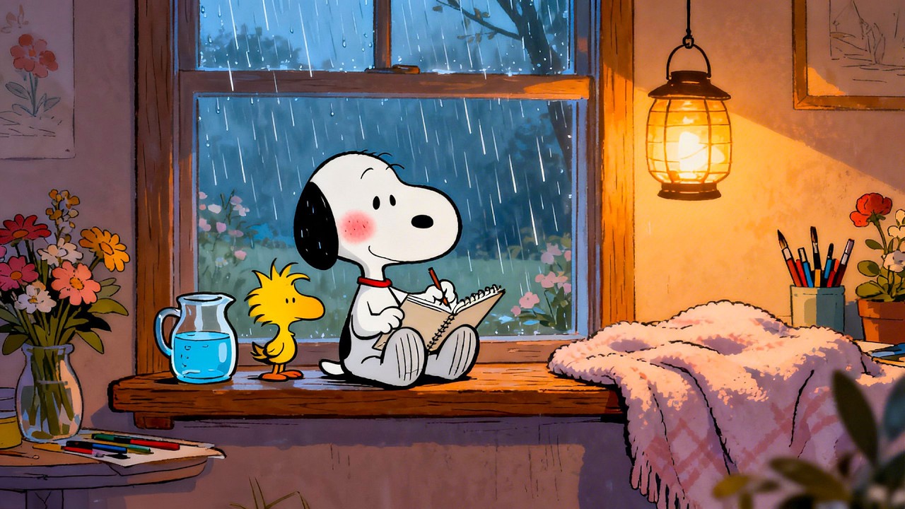 Cozy Rainy Window Night with Snoopy & Woodstock 🌧️🕯️ Smooth Jazz for Study & Focus