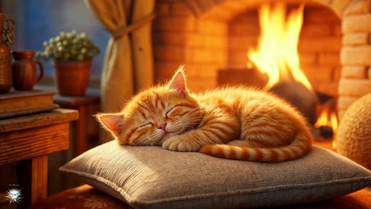 🐈 Sleeping Cat by the Fireplace | Calm & Cozy Video