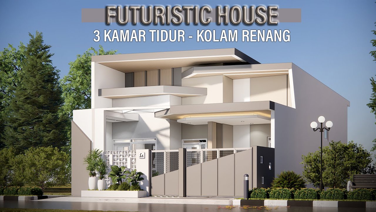 Desain rumah futuristic di lahan 8x15 meter dengan kolam renang dan 3 kamar tidur
