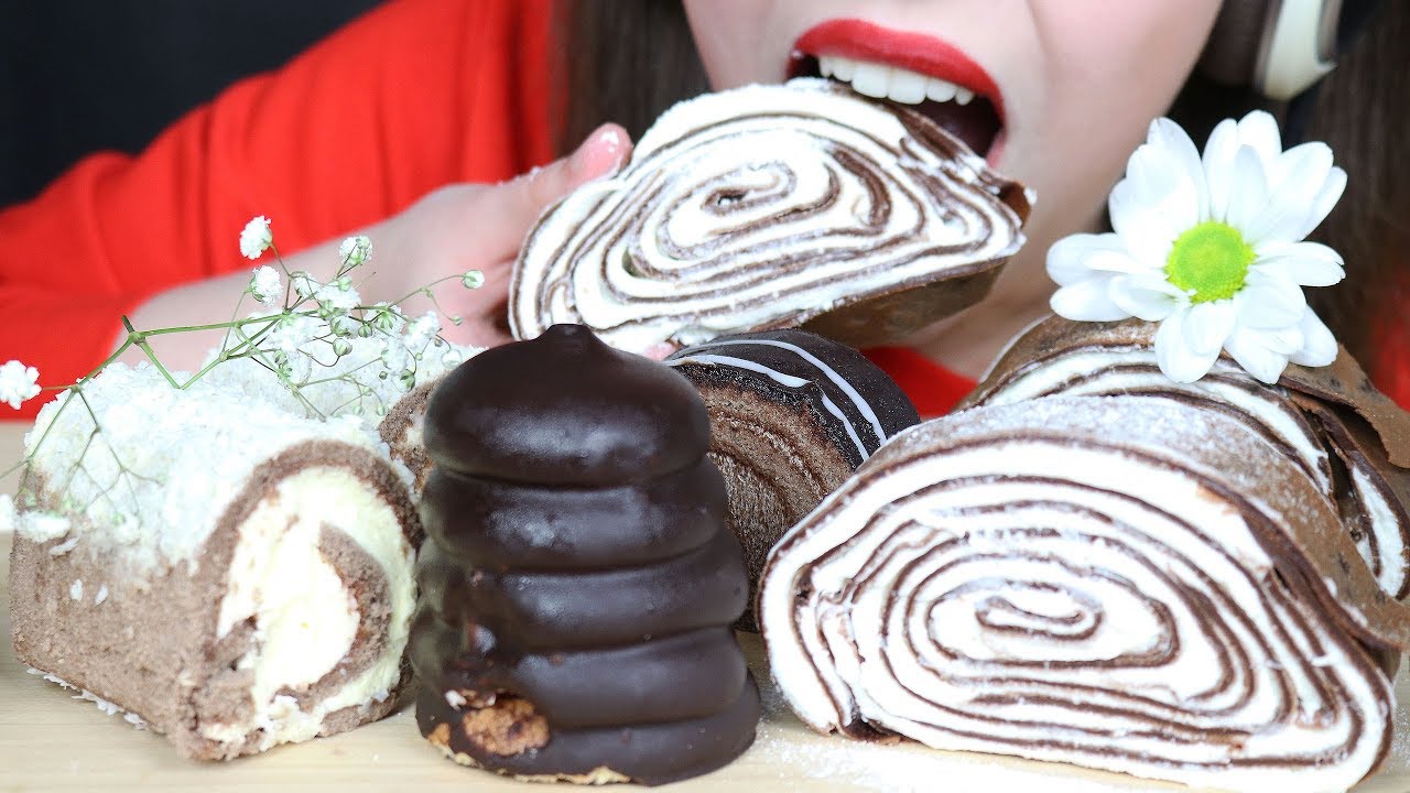 ASMR CHOCOLATE CREPE ROLL CAKE & SWISS ROLLS (SOFT Eating Sounds) No Talking
