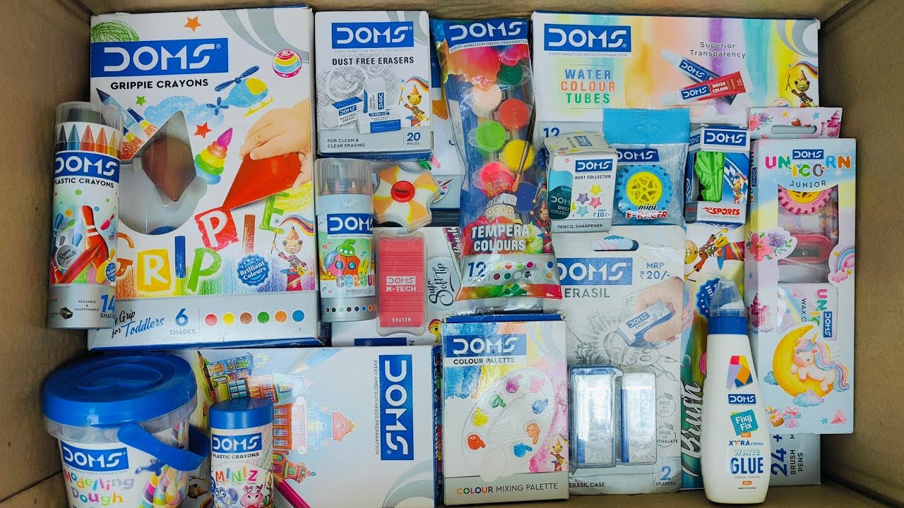 Unboxing Unique DOMS Stationery 📚 School Supplies, Geometry Box, Eraser, Sharpener, Crayons Colour