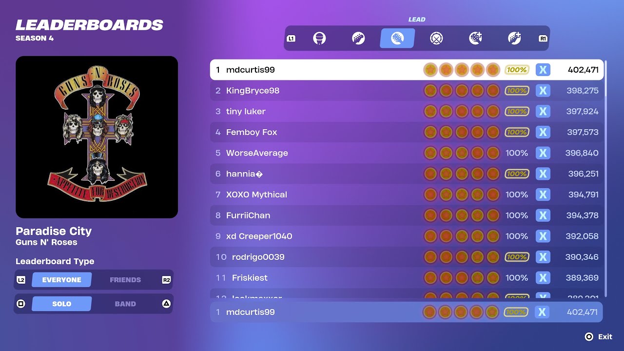 [Fortnite Festival S4] Paradise City Expert Lead 100% FC World Record