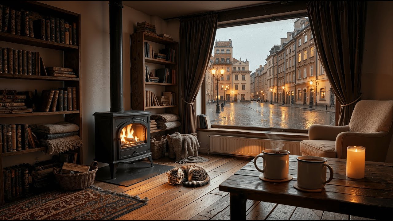 Cafe of calm music🍂Cozy familiar instrumental music & Sounds of rain and fireplace 🍂