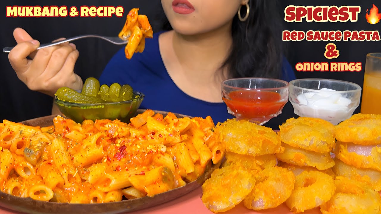 Cooking & Eating Spicy Red Sauce Pasta & Onion Rings | Red Sauce Pasta Recipe | Mukbang | ASMR |
