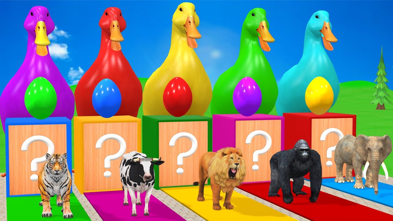 Long Slide Game With Elephant Gorilla Lion Cow Tiger - 3d Animal Game - Funny 3d Animals