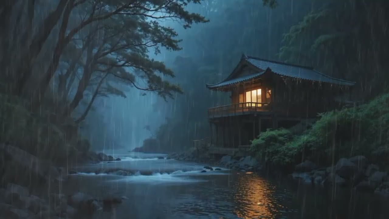 Heavy Rain Over Forest River at Night | Peaceful Woodland Stream Flow for Deep Relaxation & Sleep